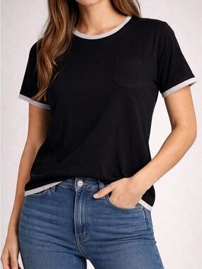 S Max Mara Black White Trim Sweater Short Sleeve 100% Virgin Wool Size S‎ Casual